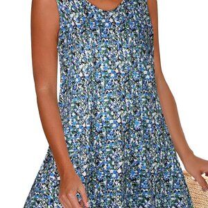 Womens Summer Cotton Blend Dress V Neck Sleeveless Pockets Beach Casual